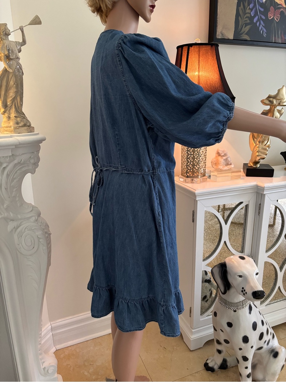Denim Blue Wrap Ruffle Mini Dress with Puff Sleeves - Picture 8 of 14